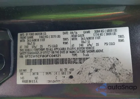 2016 Ford F-150 Xlt z USA, uszkodzony, nr VIN 1FTEW1CF8GFC04921